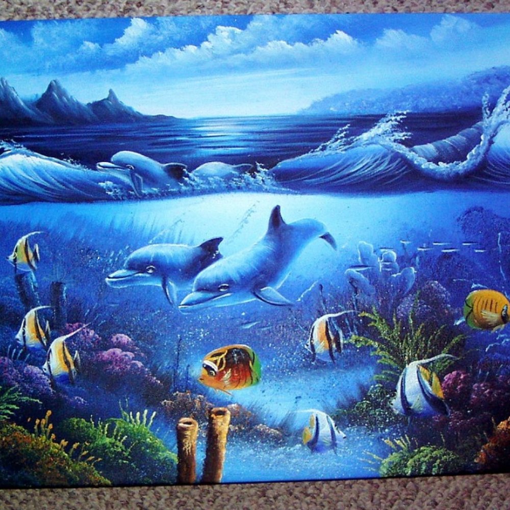 Original Ocean Scenery Fish Oil Painting on Stretched Canvas